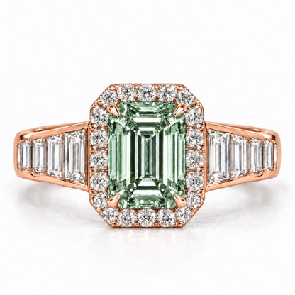 Green Emerald Cut Lab Grown Diamond Engagement Ring - Halo and Baguette Shoulders in rose gold, front view