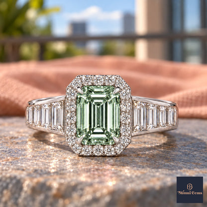Green Emerald Cut Lab Grown Diamond Engagement Ring - Halo and Baguette Shoulders in white gold, close-up