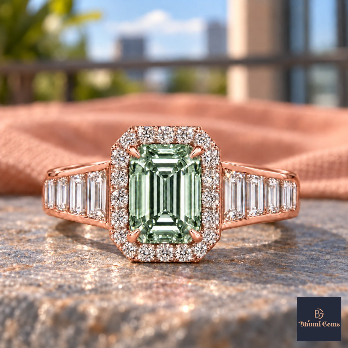 Green Emerald Cut Lab Grown Diamond Engagement Ring - Halo and Baguette Shoulders in rose gold, close-up