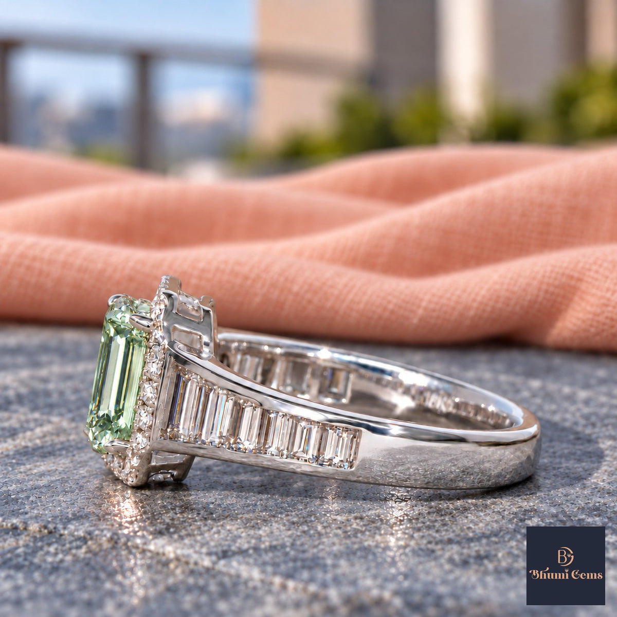 Green Emerald Cut Lab Grown Diamond Engagement Ring - Halo and Baguette Shoulders in white gold, side view