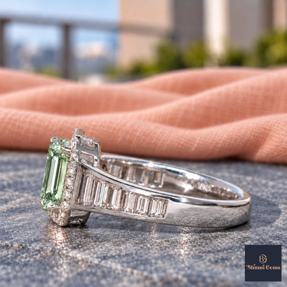 Green Emerald Cut Lab Grown Diamond Engagement Ring - Halo and Baguette Shoulders in white gold, side view