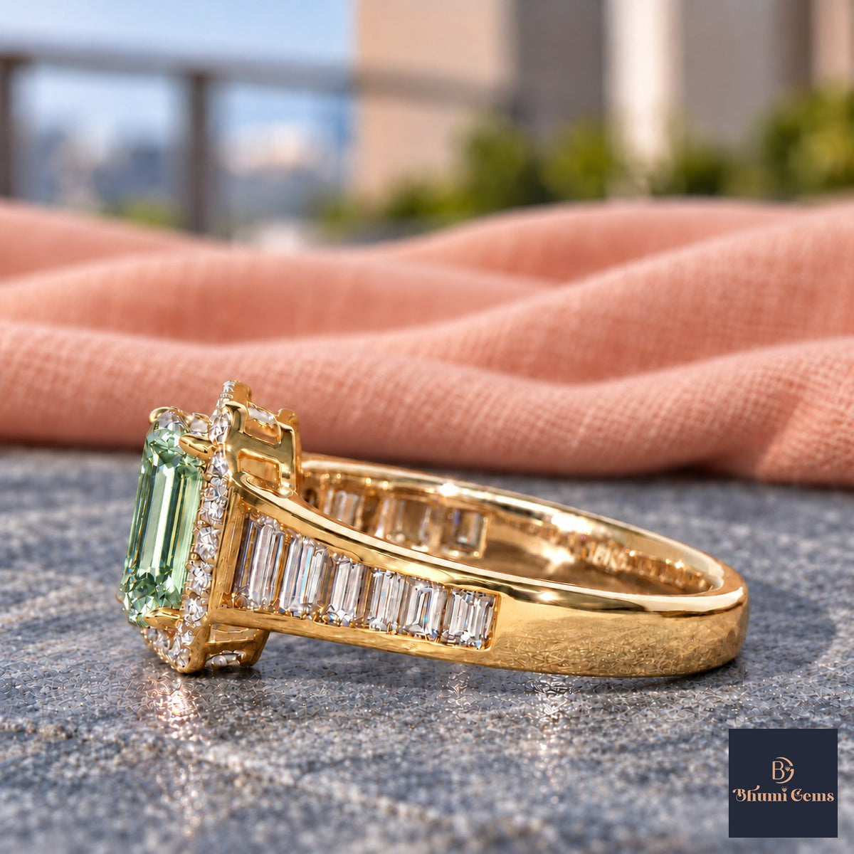 Green Emerald Cut Lab Grown Diamond Engagement Ring - Halo and Baguette Shoulders in yellow gold, side view