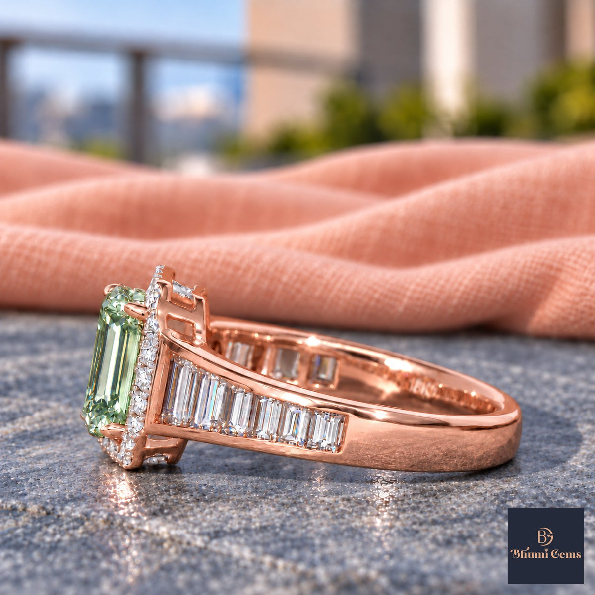 Green Emerald Cut Lab Grown Diamond Engagement Ring - Halo and Baguette Shoulders in rose gold, side view
