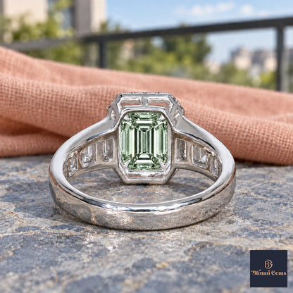 Green Emerald Cut Lab Grown Diamond Engagement Ring - Halo and Baguette Shoulders in white gold, gallery view