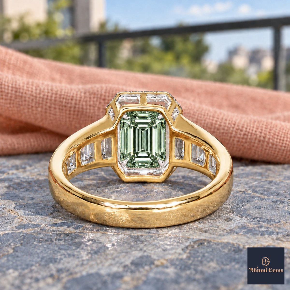 Green Emerald Cut Lab Grown Diamond Engagement Ring - Halo and Baguette Shoulders in yellow gold, gallery view