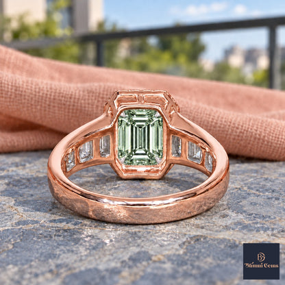 Green Emerald Cut Lab Grown Diamond Engagement Ring - Halo and Baguette Shoulders in rose gold, gallery view