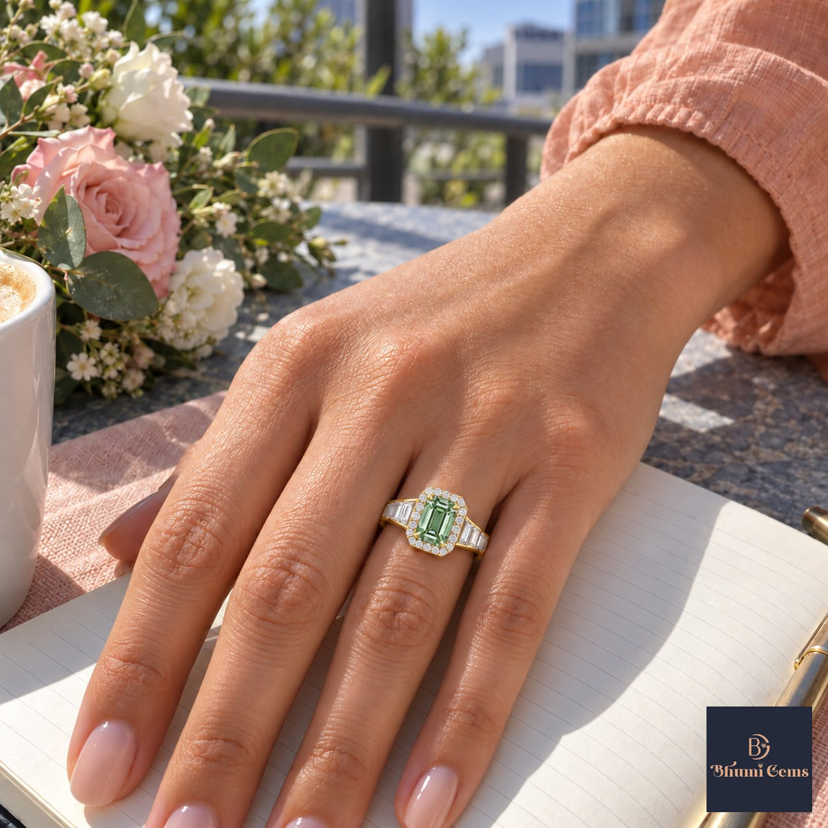 Green Emerald Cut Lab Grown Diamond Engagement Ring - Halo and Baguette Shoulders in yellow gold, worn on the hand