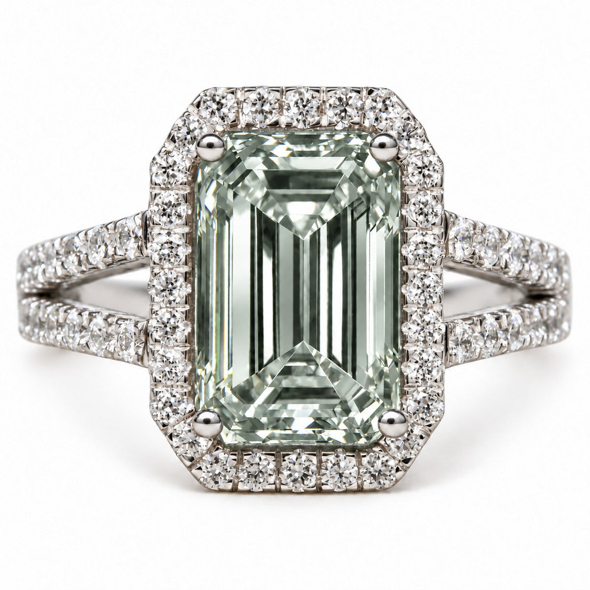 Green Emerald Cut Lab Grown Diamond Engagement Ring - Halo Split Shank in white gold, front view