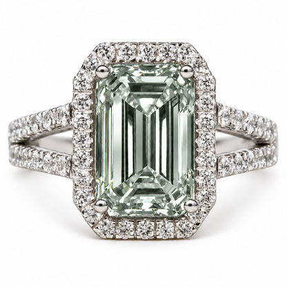 Green Emerald Cut Lab Grown Diamond Engagement Ring - Halo Split Shank in white gold, front view