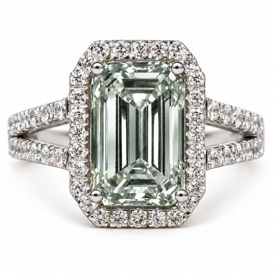 Green Emerald Cut Lab Grown Diamond Engagement Ring - Halo Split Shank in white gold, front view