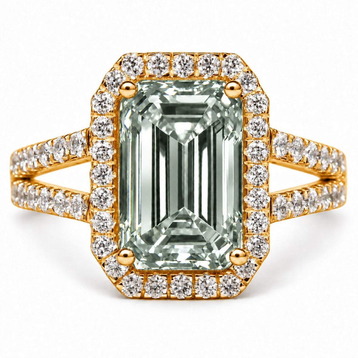 Green Emerald Cut Lab Grown Diamond Engagement Ring - Halo Split Shank in yellow gold, front view