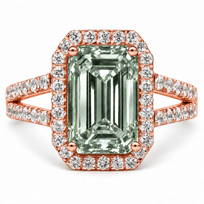 Green Emerald Cut Lab Grown Diamond Engagement Ring - Halo Split Shank in rose gold, front view