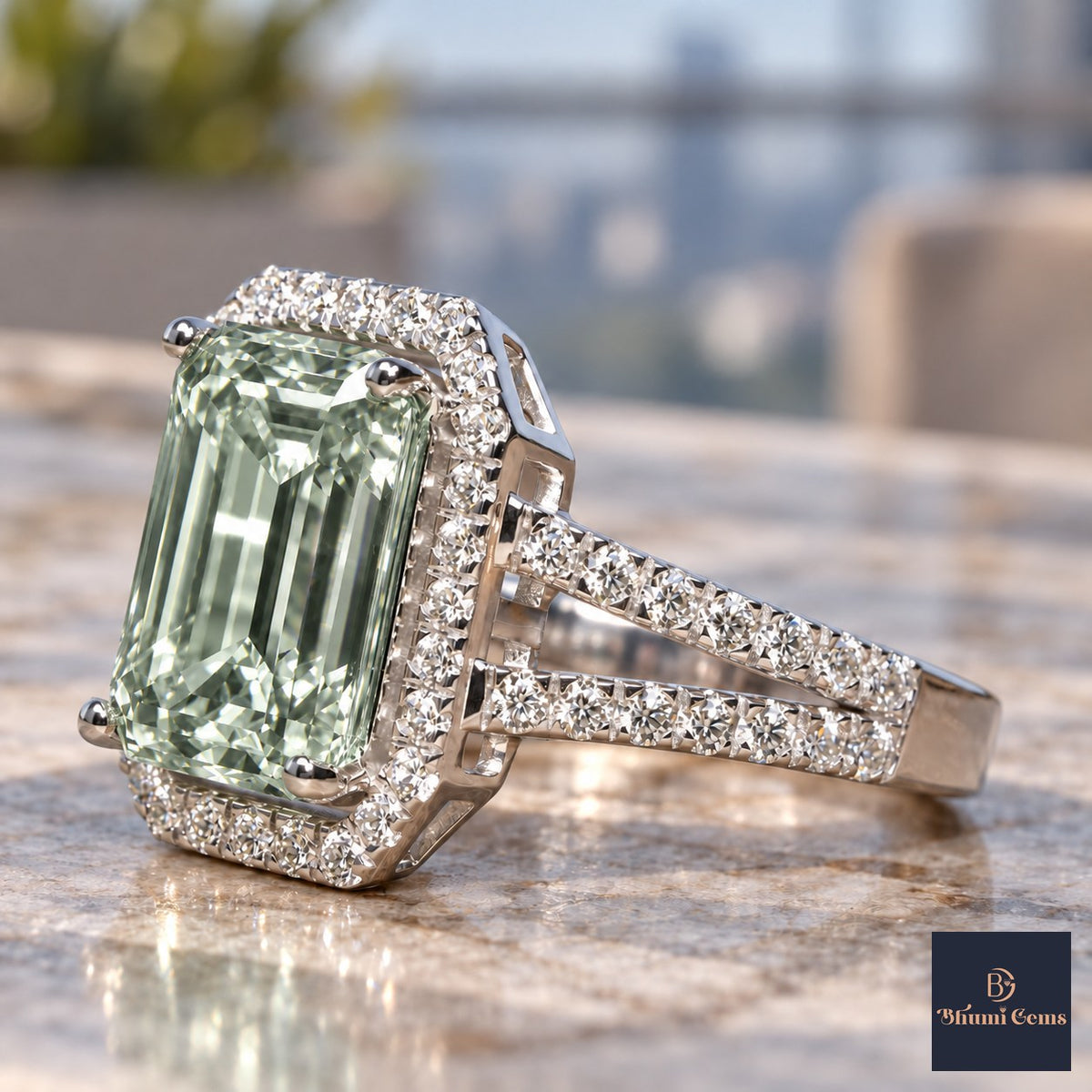 Green Emerald Cut Lab Grown Diamond Engagement Ring - Halo Split Shank in white gold, close-up
