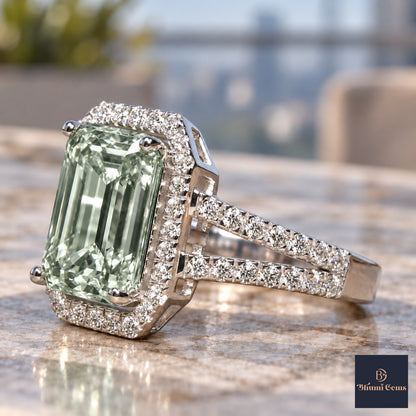 Green Emerald Cut Lab Grown Diamond Engagement Ring - Halo Split Shank in white gold, close-up