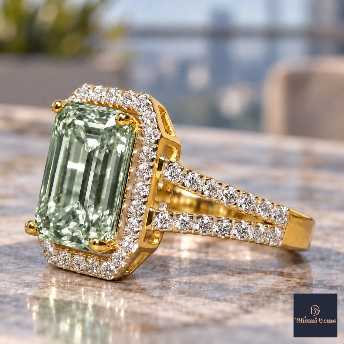 Green Emerald Cut Lab Grown Diamond Engagement Ring - Halo Split Shank in yellow gold, close-up
