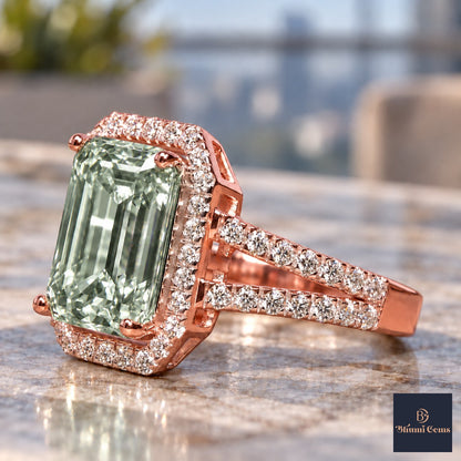 Green Emerald Cut Lab Grown Diamond Engagement Ring - Halo Split Shank in rose gold, close-up