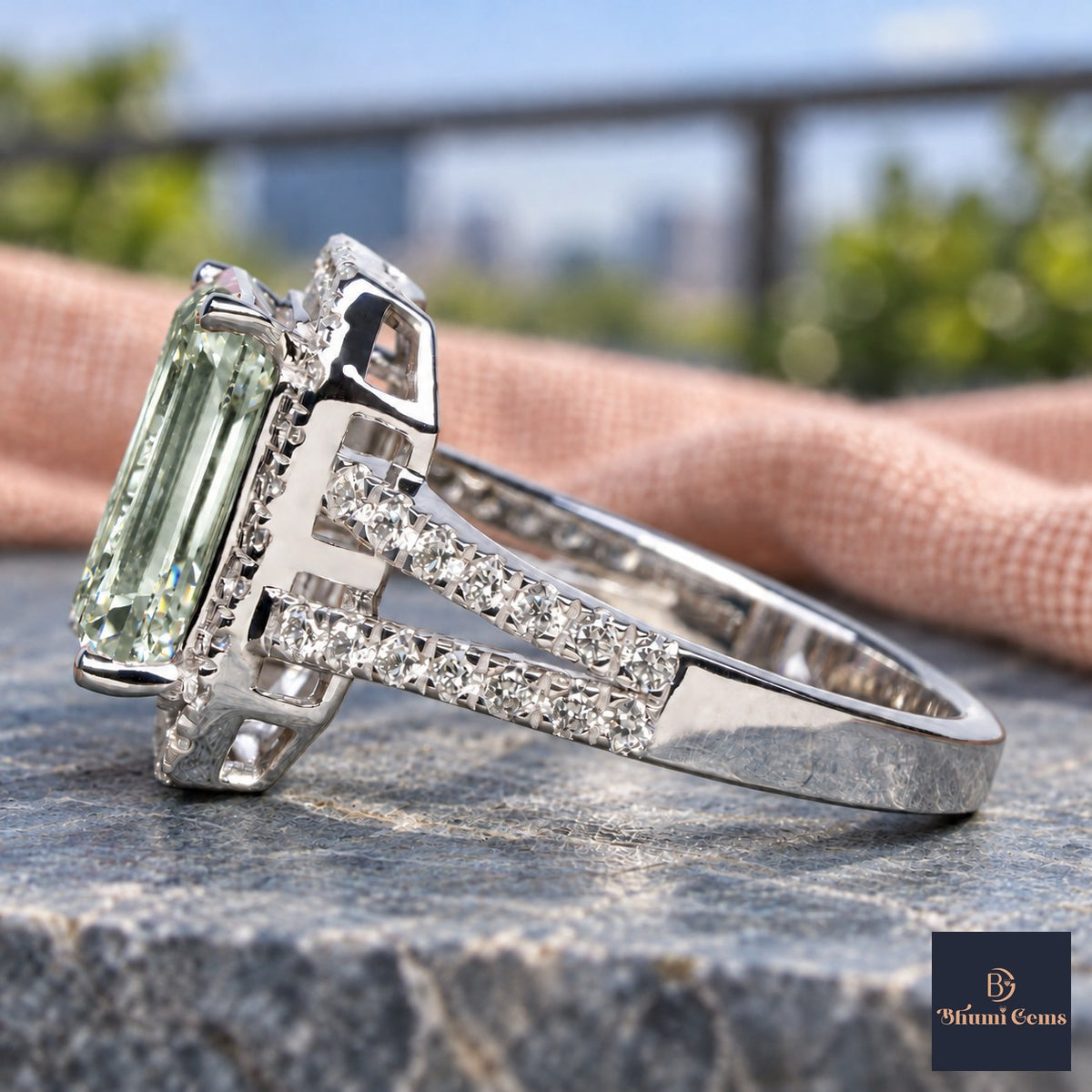 Green Emerald Cut Lab Grown Diamond Engagement Ring - Halo Split Shank in white gold, side view
