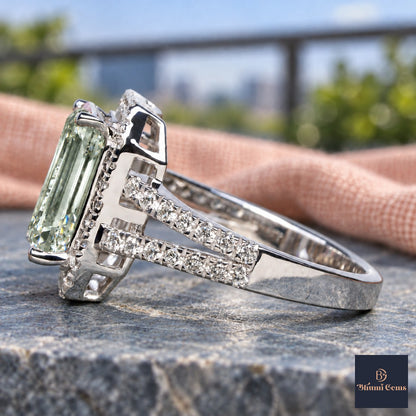 Green Emerald Cut Lab Grown Diamond Engagement Ring - Halo Split Shank in white gold, side view