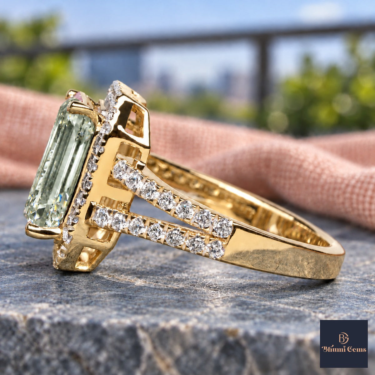 Green Emerald Cut Lab Grown Diamond Engagement Ring - Halo Split Shank in yellow gold, side view