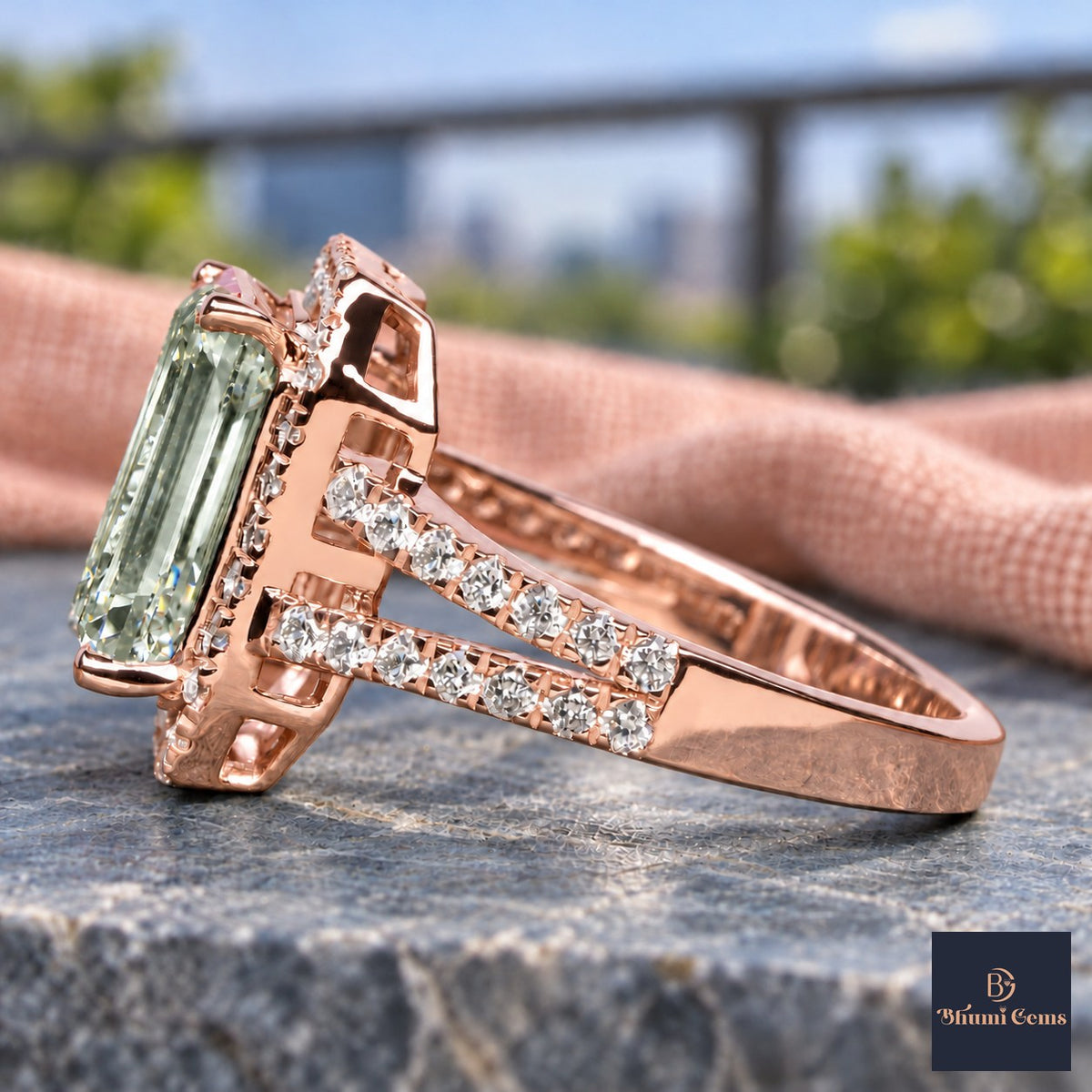 Green Emerald Cut Lab Grown Diamond Engagement Ring - Halo Split Shank in rose gold, side view