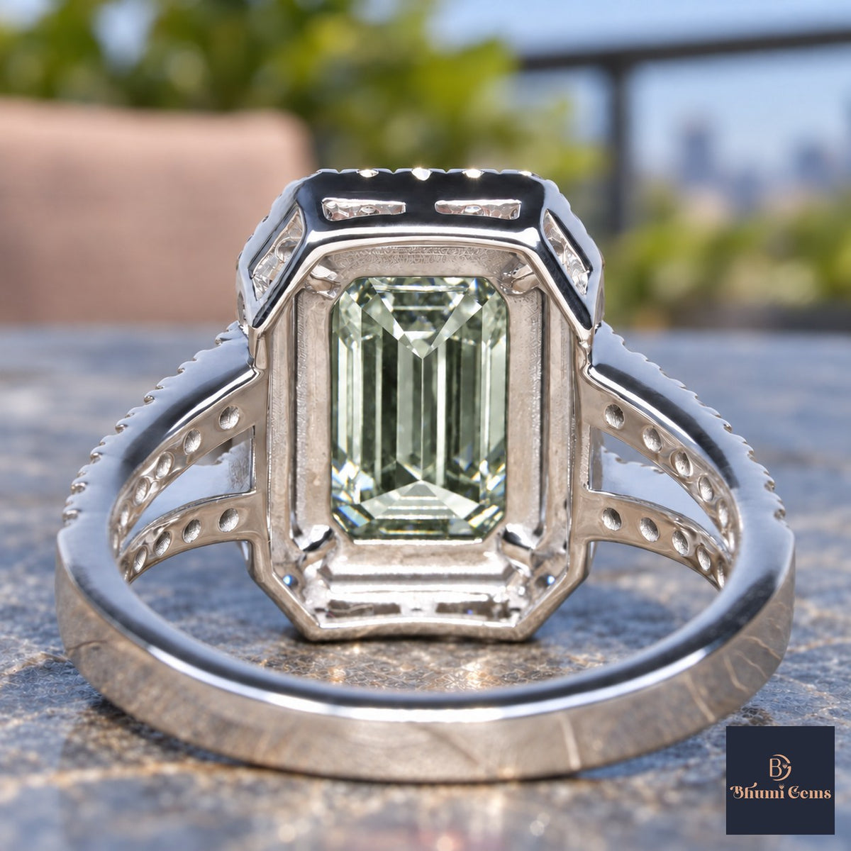 Green Emerald Cut Lab Grown Diamond Engagement Ring - Halo Split Shank in white gold, gallery view