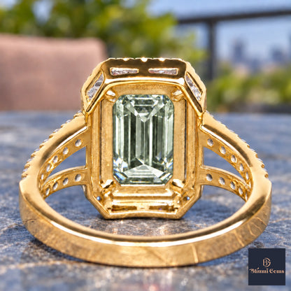 Green Emerald Cut Lab Grown Diamond Engagement Ring - Halo Split Shank in yellow gold, gallery view