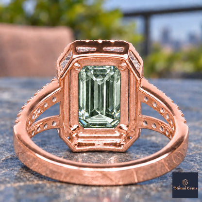 Green Emerald Cut Lab Grown Diamond Engagement Ring - Halo Split Shank in rose gold, gallery view