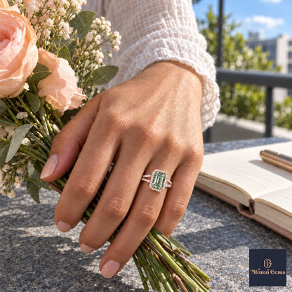 Green Emerald Cut Lab Grown Diamond Engagement Ring - Halo Split Shank in rose gold, worn on the hand