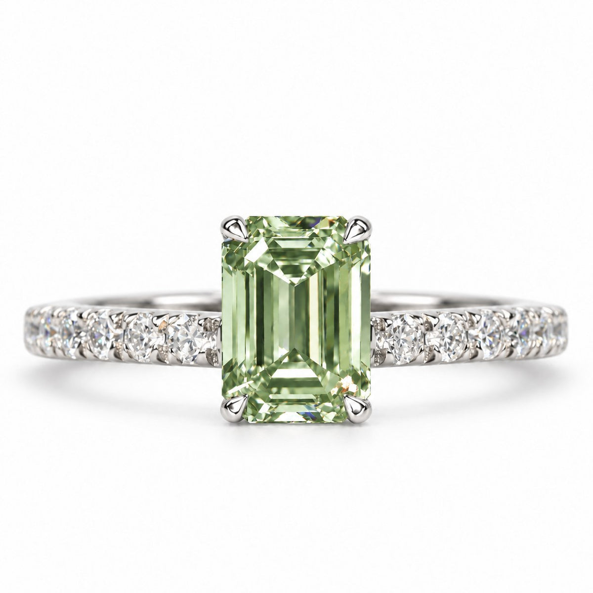Green Emerald Cut Lab Grown Diamond Engagement Ring - Pave Band in white gold, front view