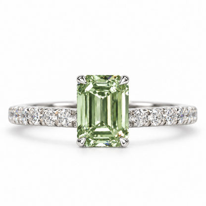 Green Emerald Cut Lab Grown Diamond Engagement Ring - Pave Band in white gold, front view