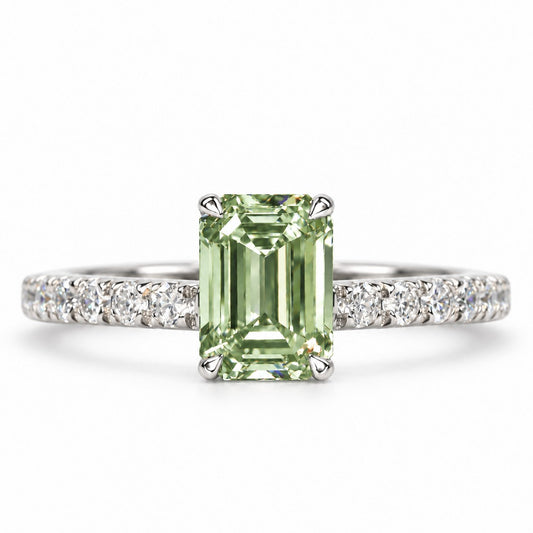 Green Emerald Cut Lab Grown Diamond Engagement Ring - Pave Band in white gold, front view