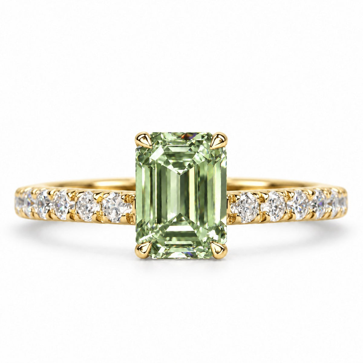 Green Emerald Cut Lab Grown Diamond Engagement Ring - Pave Band in yellow gold, front view