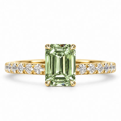 Green Emerald Cut Lab Grown Diamond Engagement Ring - Pave Band in yellow gold, front view