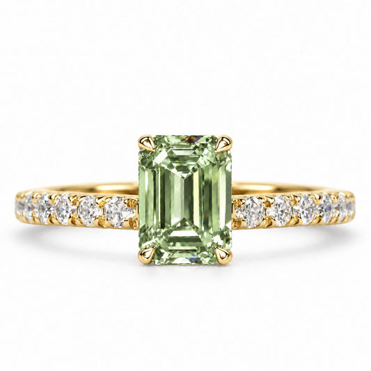 Green Emerald Cut Lab Grown Diamond Engagement Ring - Pave Band in yellow gold, front view