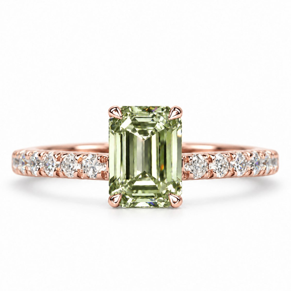 Green Emerald Cut Lab Grown Diamond Engagement Ring - Pave Band in rose gold, front view