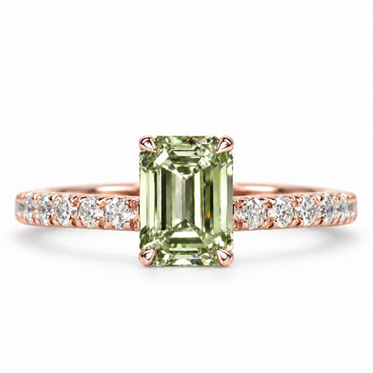 Green Emerald Cut Lab Grown Diamond Engagement Ring - Pave Band in rose gold, front view