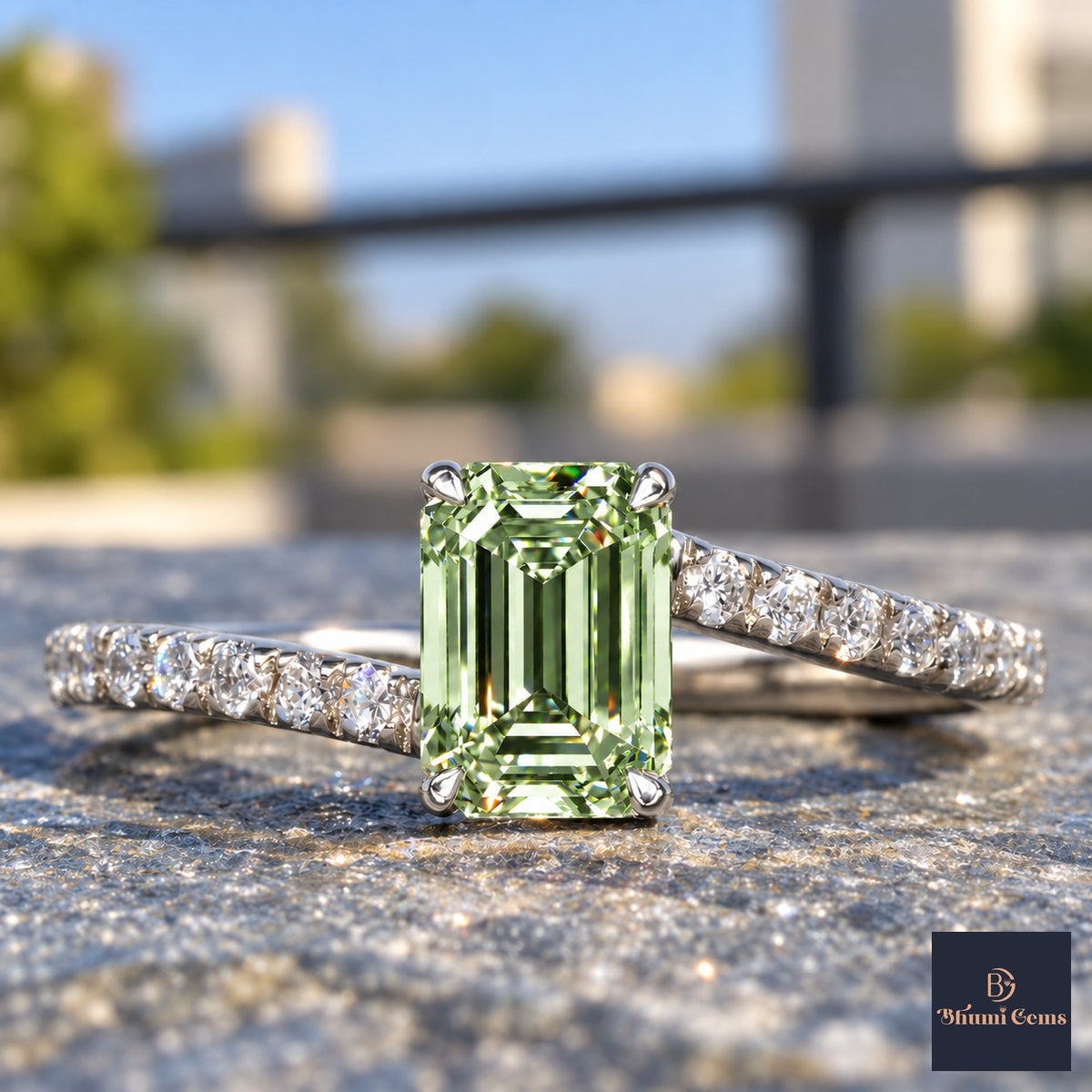 Green Emerald Cut Lab Grown Diamond Engagement Ring - Pave Band in white gold, close-up