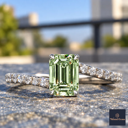 Green Emerald Cut Lab Grown Diamond Engagement Ring - Pave Band in white gold, close-up