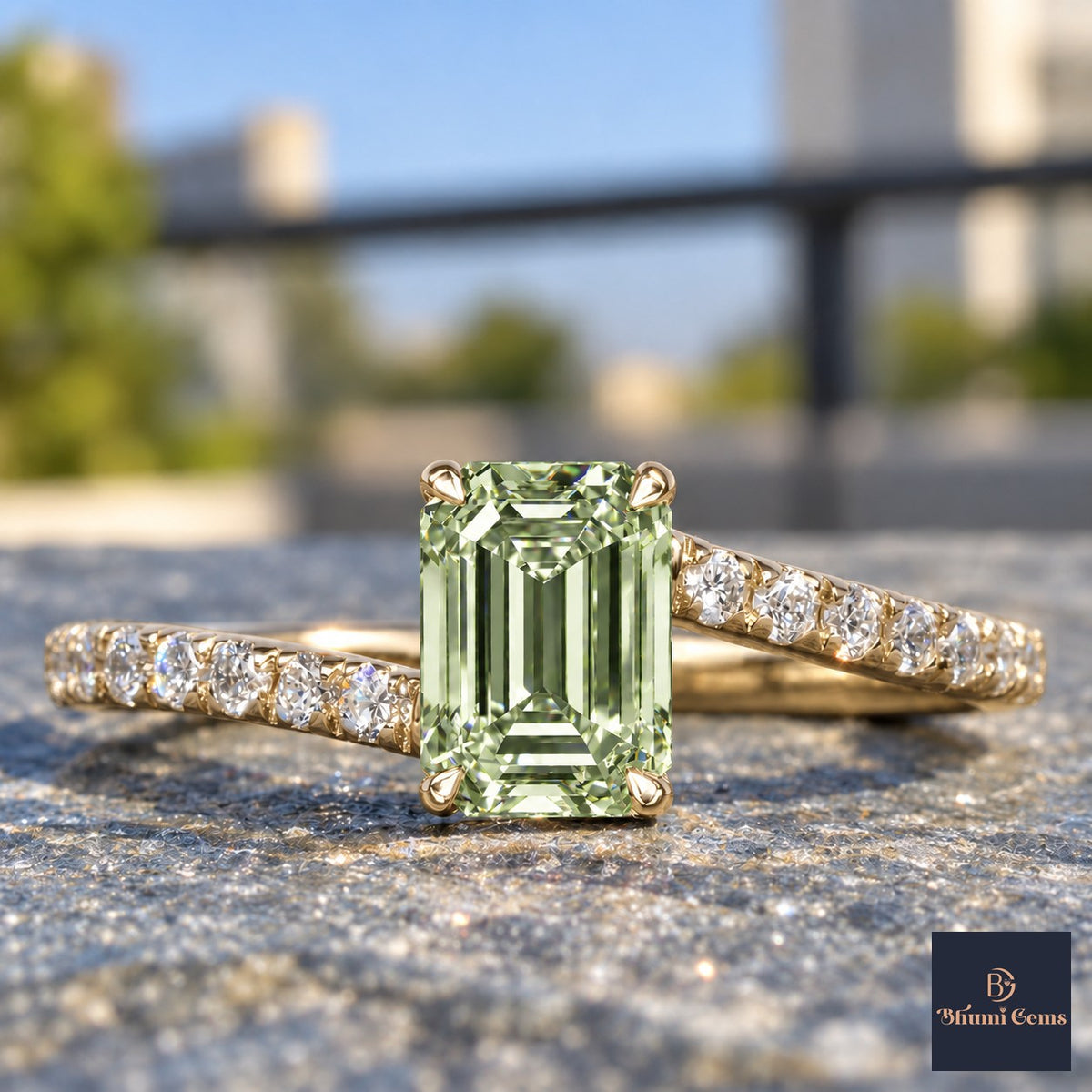 Green Emerald Cut Lab Grown Diamond Engagement Ring - Pave Band in yellow gold, close-up