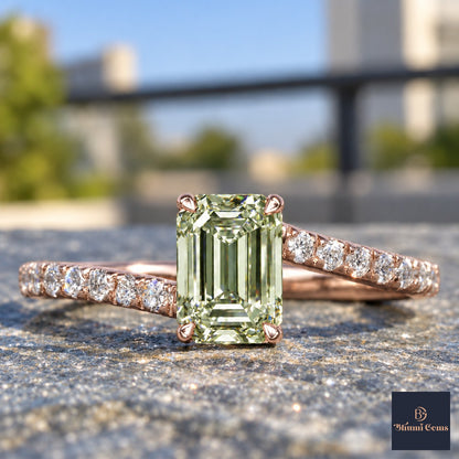 Green Emerald Cut Lab Grown Diamond Engagement Ring - Pave Band in rose gold, close-up