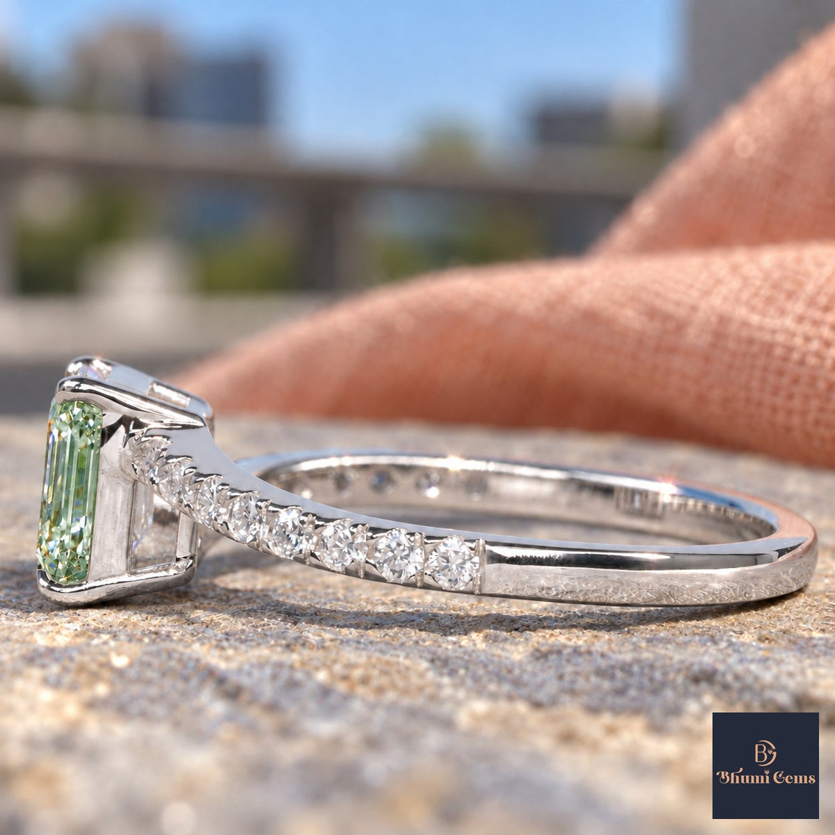 Green Emerald Cut Lab Grown Diamond Engagement Ring - Pave Band in white gold, side view