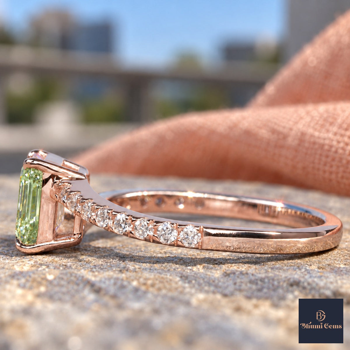 Green Emerald Cut Lab Grown Diamond Engagement Ring - Pave Band in rose gold, side view