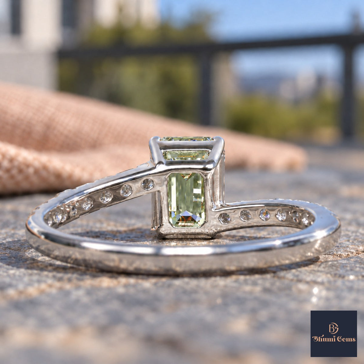 Green Emerald Cut Lab Grown Diamond Engagement Ring - Pave Band in white gold, gallery view