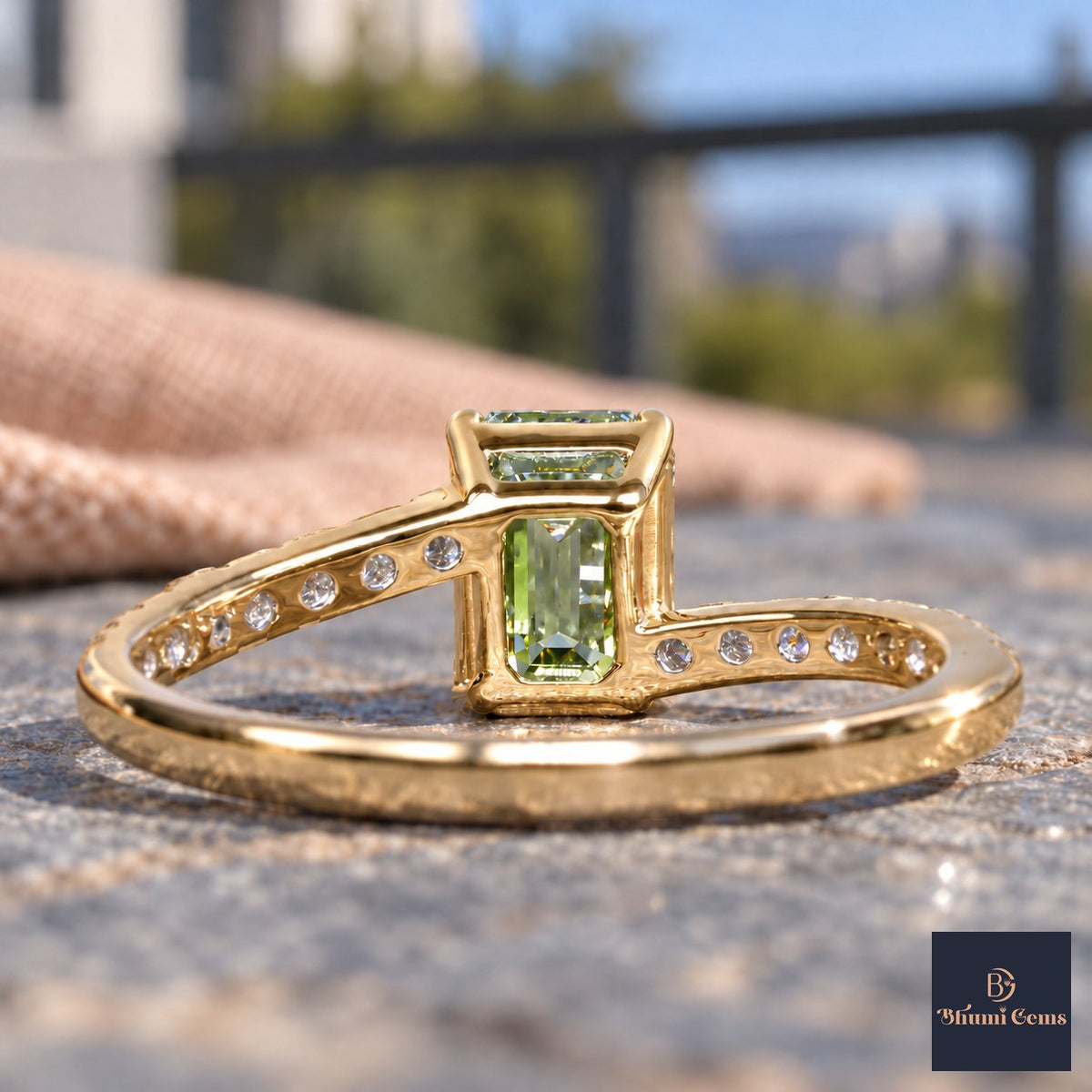 Green Emerald Cut Lab Grown Diamond Engagement Ring - Pave Band in yellow gold, gallery view