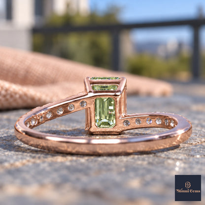 Green Emerald Cut Lab Grown Diamond Engagement Ring - Pave Band in rose gold, gallery view