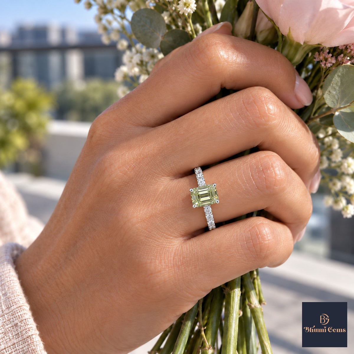 Green Emerald Cut Lab Grown Diamond Engagement Ring - Pave Band in white gold, on the hand