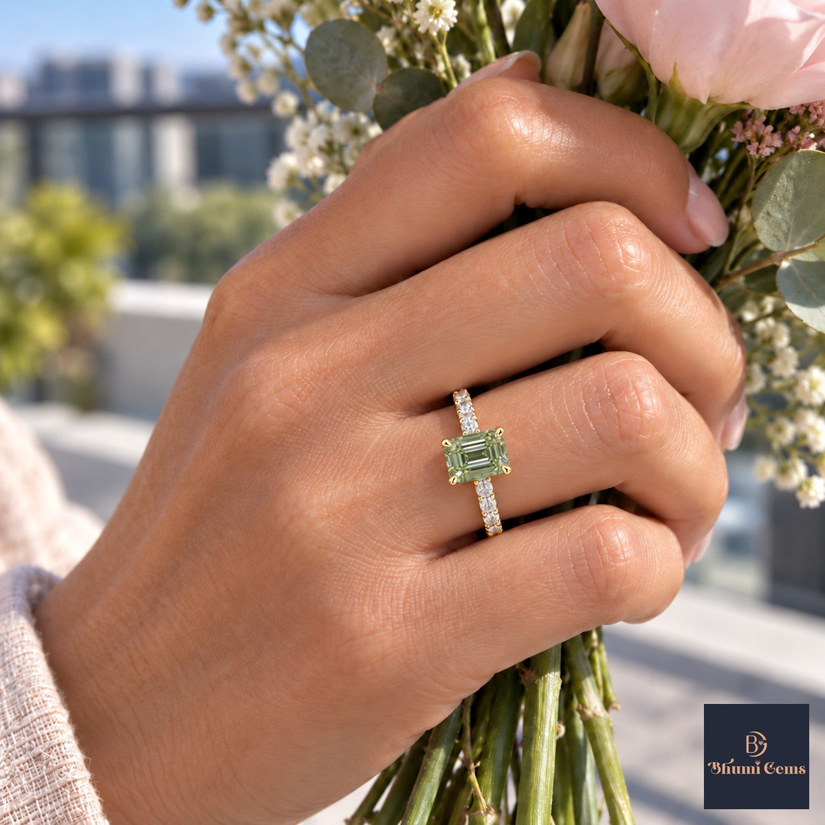 Green Emerald Cut Lab Grown Diamond Engagement Ring - Pave Band in yellow gold, on the hand
