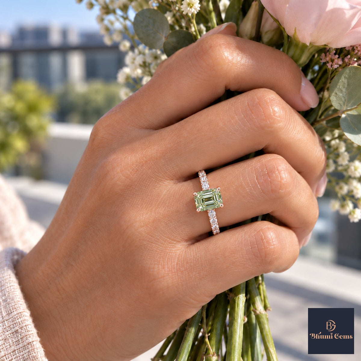 Green Emerald Cut Lab Grown Diamond Engagement Ring - Pave Band in rose gold, on the hand