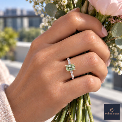 Green Emerald Cut Lab Grown Diamond Engagement Ring - Pave Band in rose gold, on the hand