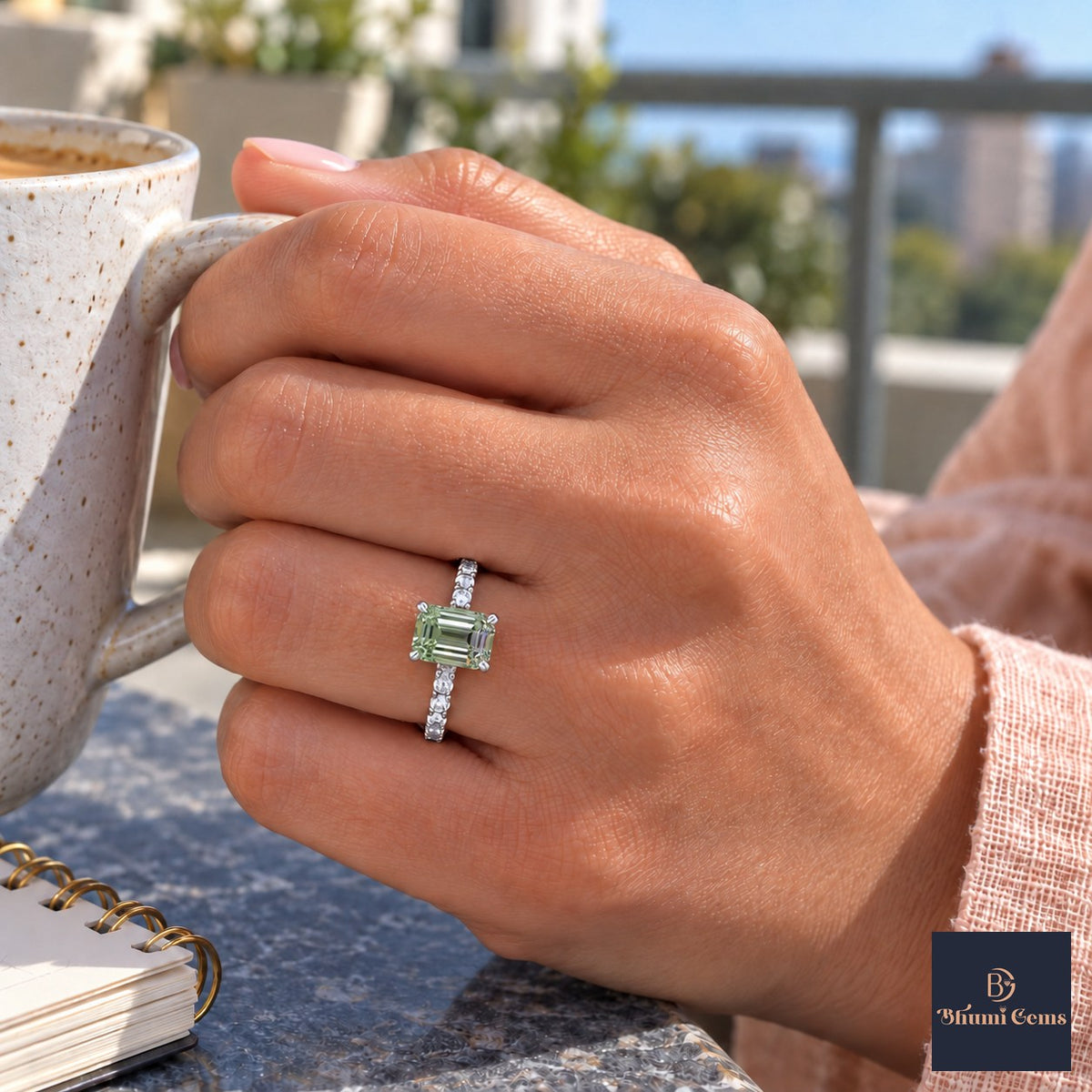 Green Emerald Cut Lab Grown Diamond Engagement Ring - Pave Band in white gold, worn on the hand